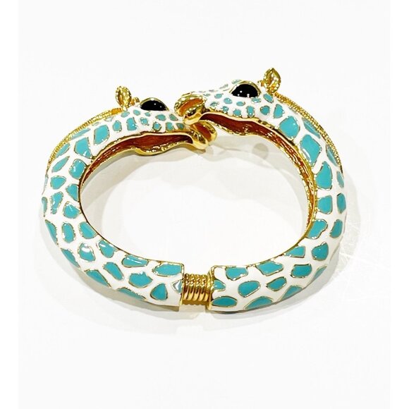 VTG KJL Kenneth Jay Lane Giraffe Blue Enamel Gold Tone Hinged Bracelet Bangle - Picture 3 of 7
